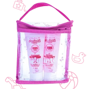 Estuche transparente rosa con dos tubos Minte Kids shampoo y tratamiento