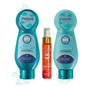 Set Mintë Kids crecimiento con shampoo tratamiento y óleo capilar en fondo blanco con iconos infantiles
