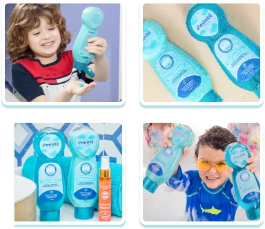 collage infantil azul con fotos del producto y niños