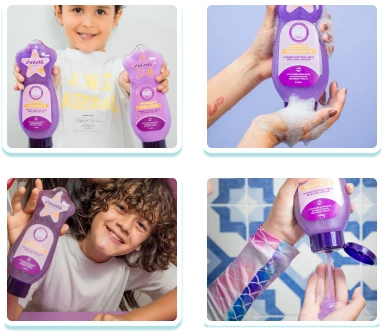 collage infantil morado con fotos del producto y niños