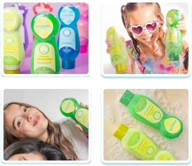 collage infantil verde con fotos del producto y niños