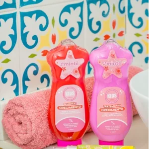 Shampoo y tratamiento Minte Kids crecimiento botella roja y rosa con tónico verde